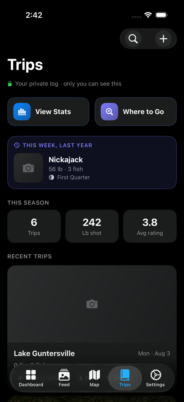 The Sector app: the private trip logbook with this season's trips, pounds shot and average rating, and a trip from this week last year.