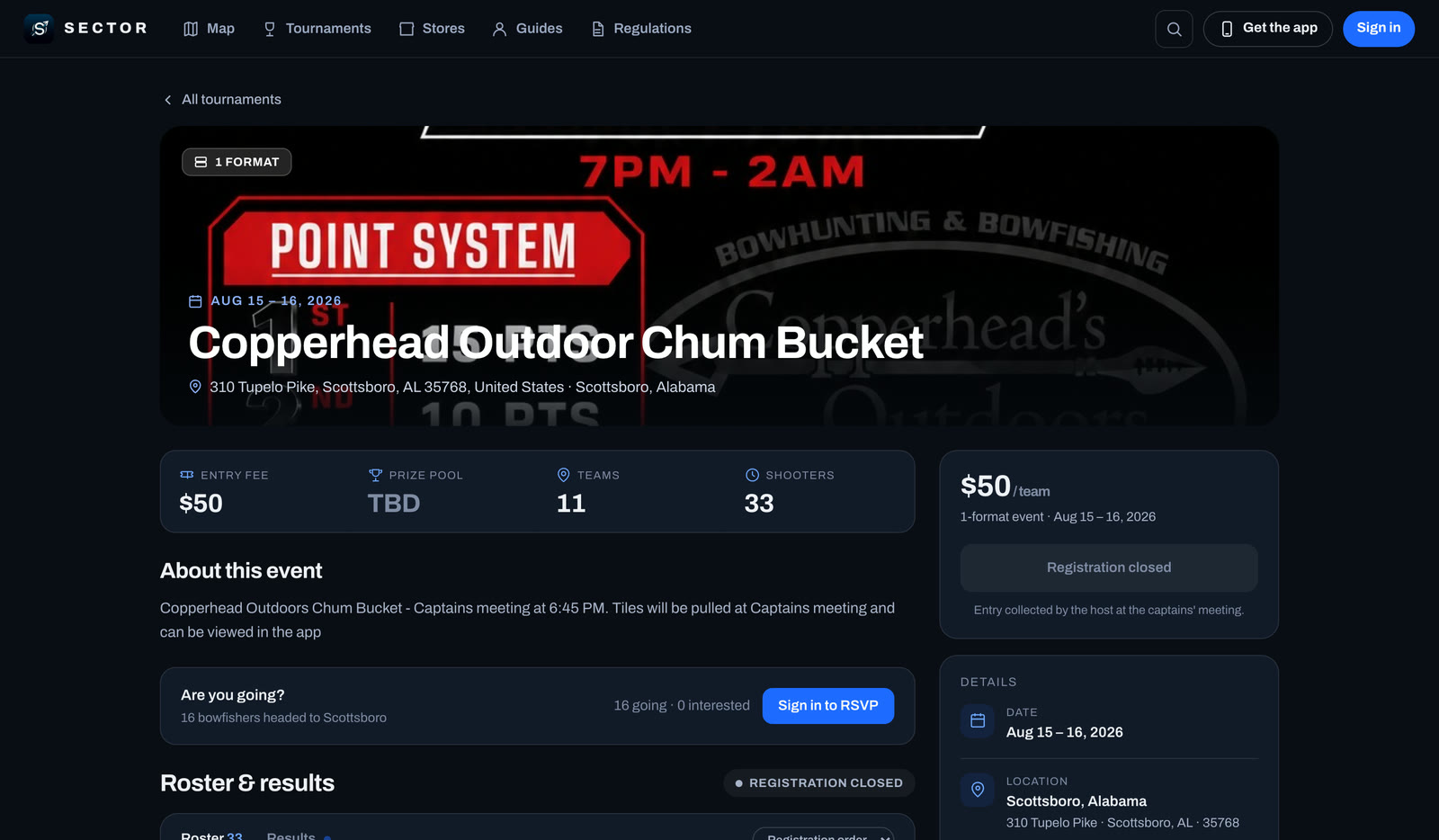 Sector on the web: a tournament page with 11 teams and 33 shooters registered, the entry fee, RSVPs and the roster.