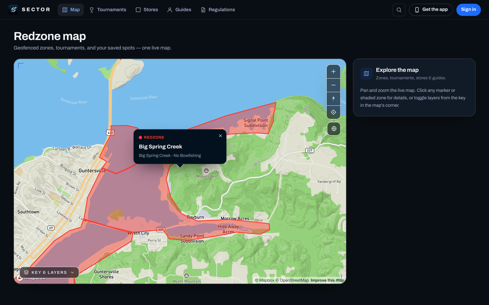 Sector on the web: a redzone opened on the map, with its zone type and details.